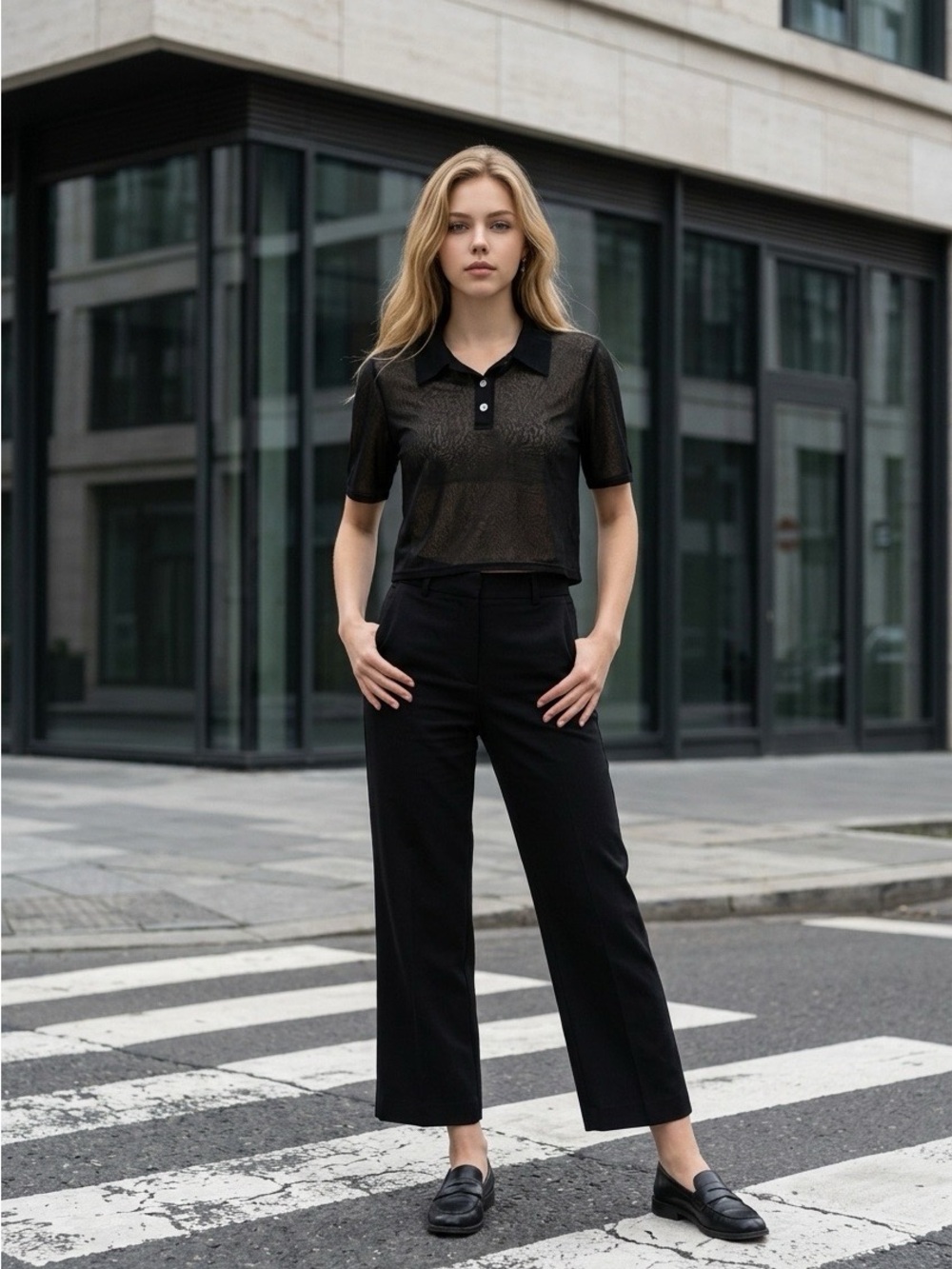 TopShop Women's Black Button-Down Polo Shirt - Classic Short Sleeve